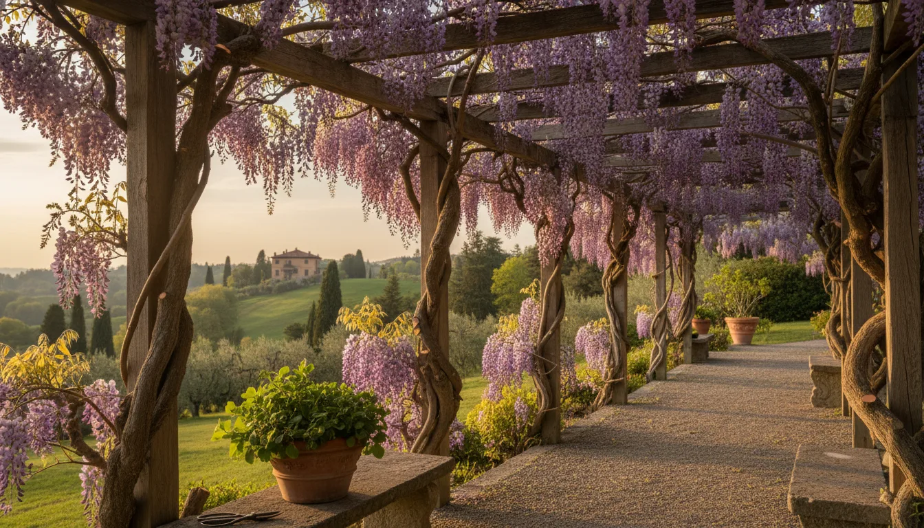 Pergolato con glicine in piena fioritura primaverile in un giardino residenziale