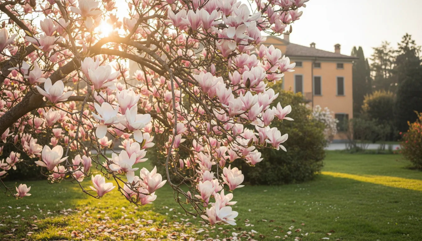 Magnolia in piena fioritura primaverile in giardino di villa in Lombardia