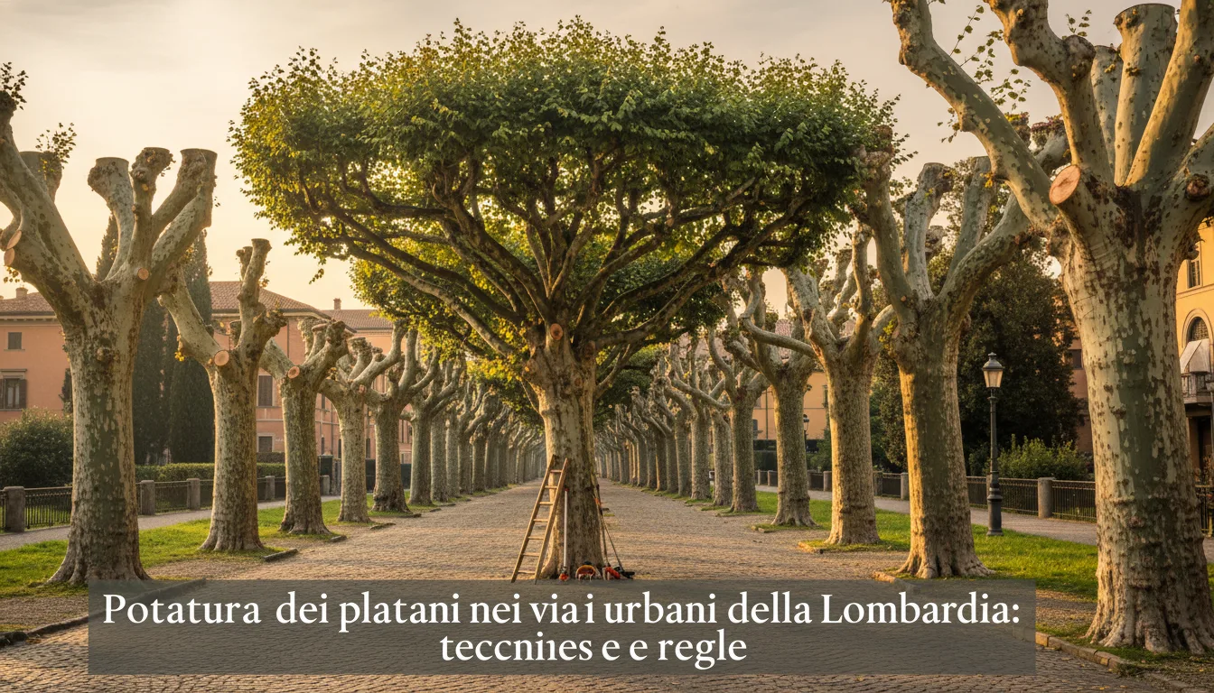 Potatura in quota di un platano secolare lungo un viale urbano lombardo con tree climber e imbragatura