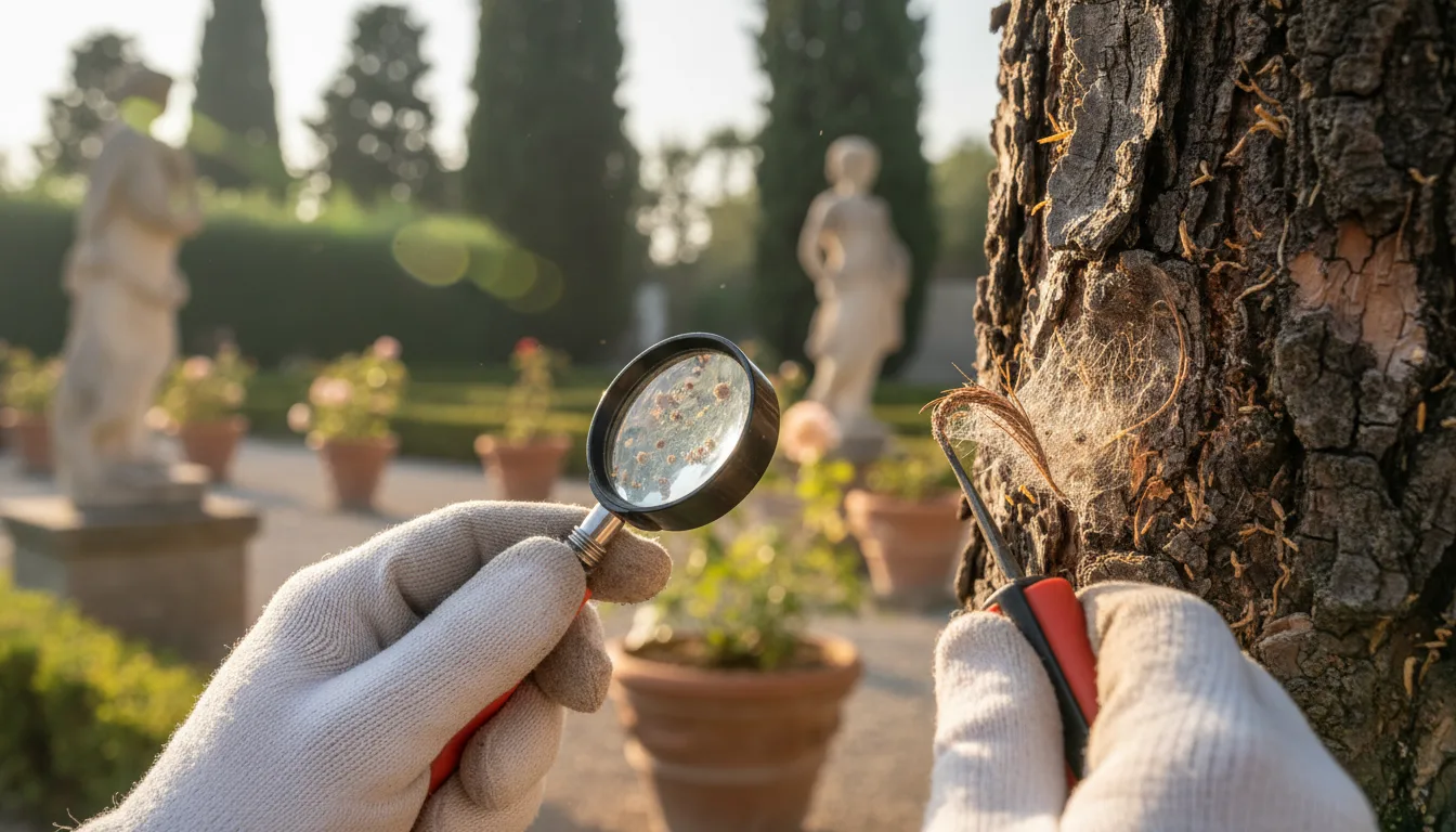 Intervento di controllo fitosanitario su pino infestato da processionaria in Lombardia