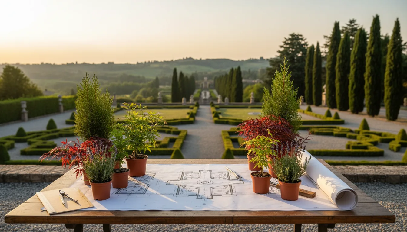 Tavolo di progettazione con piante ornamentali su piano architettonico
