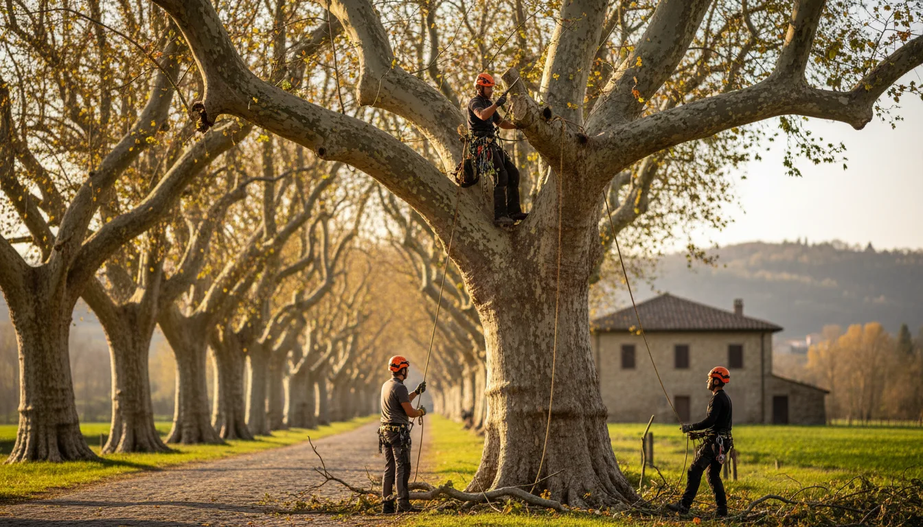 Intervento di potatura in tree climbing su un grande platano
