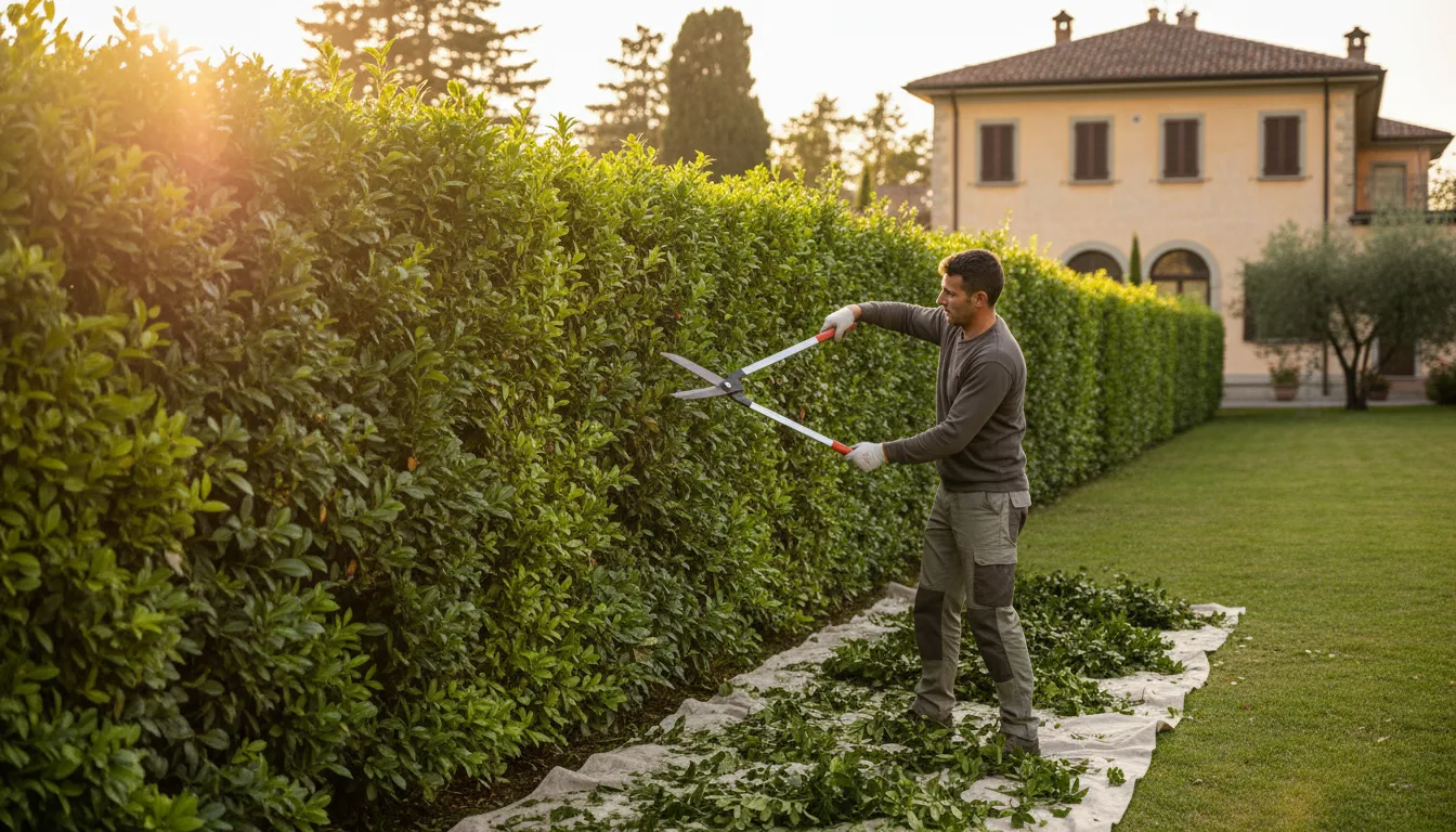 Siepe di lauroceraso in manutenzione stagionale in villa della Brianza