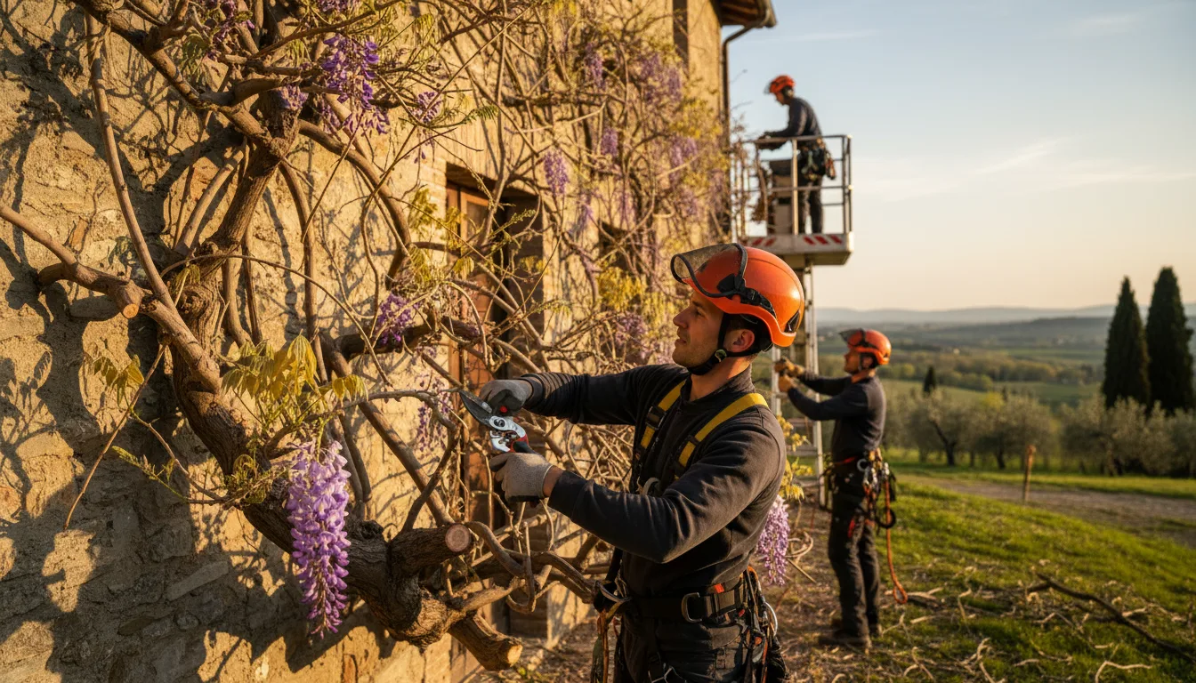 Squadra professionale durante la potatura di un grande rampicante