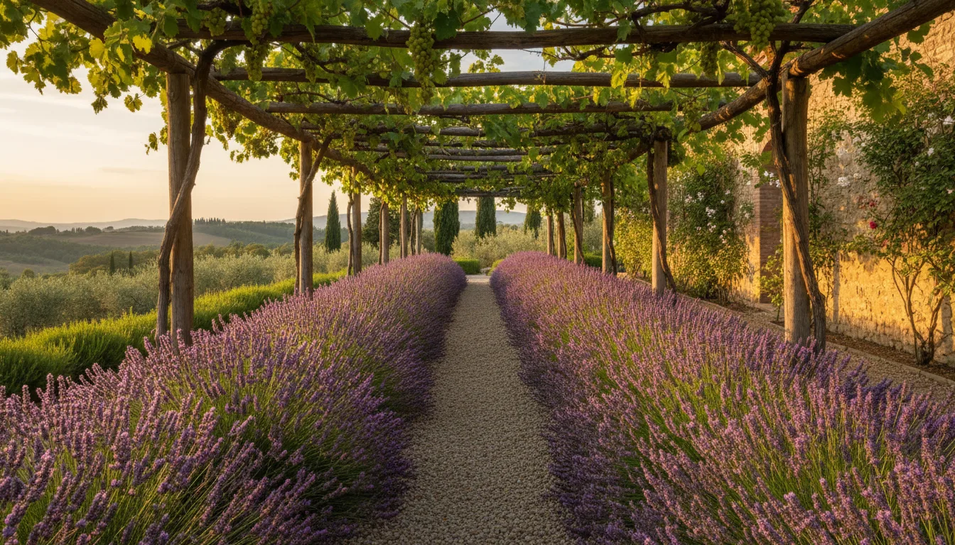 Pergolato con vite e lavanda in giardino di villa