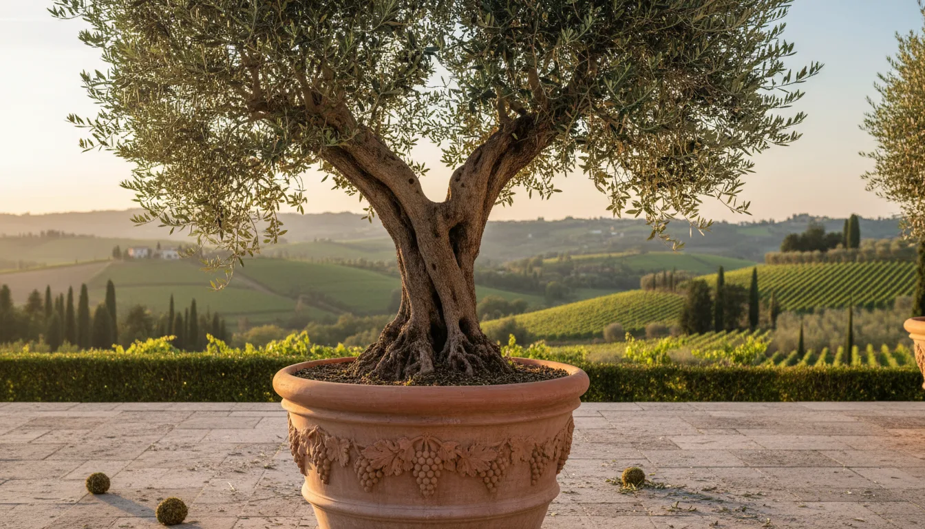 Olivo ornamentale scenografico in vaso grande, terrazzo di villa lombarda
