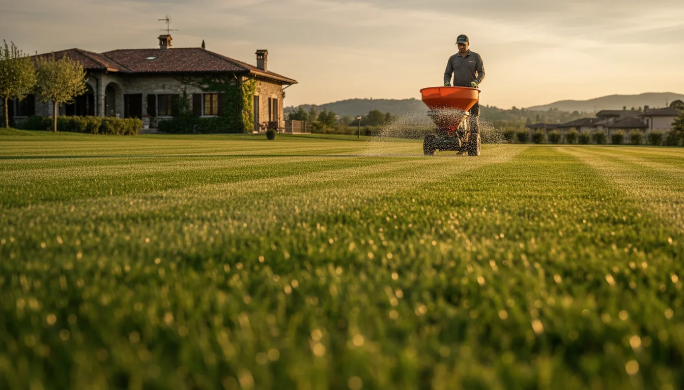 Concimazione autunnale professionale su prato residenziale lombardo