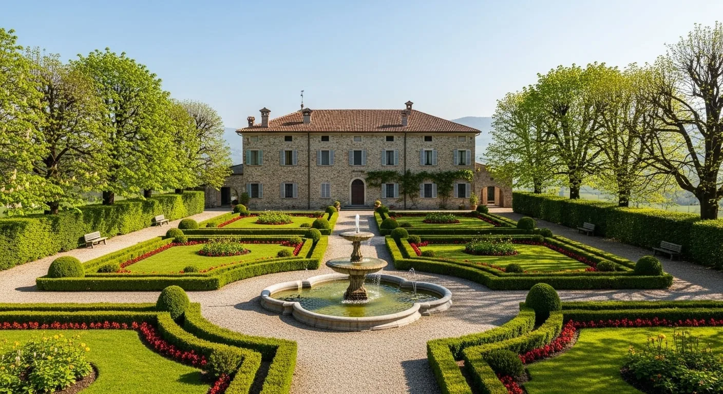Giardino formale di villa storica in Brianza con ippocastani e siepi perimetrali