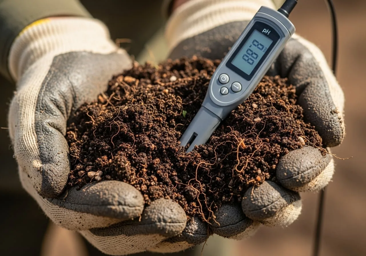 Analisi del suolo con pH-metro professionale prima della progettazione di un giardino
