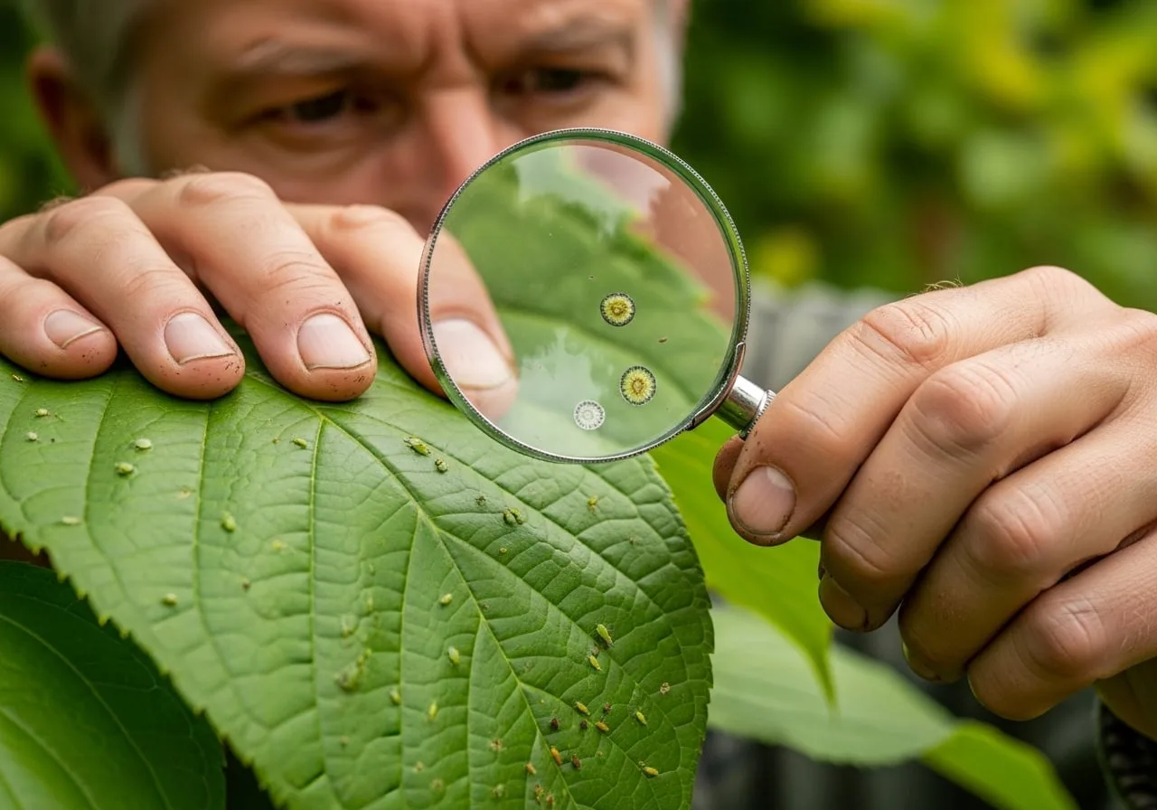 Diagnosi fitosanitaria su foglia con lente e strumenti da giardiniere professionista