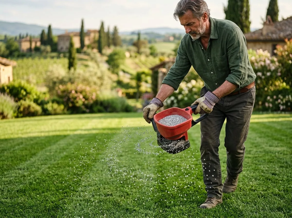 Concimazione primaverile del prato con spandiconcime manuale