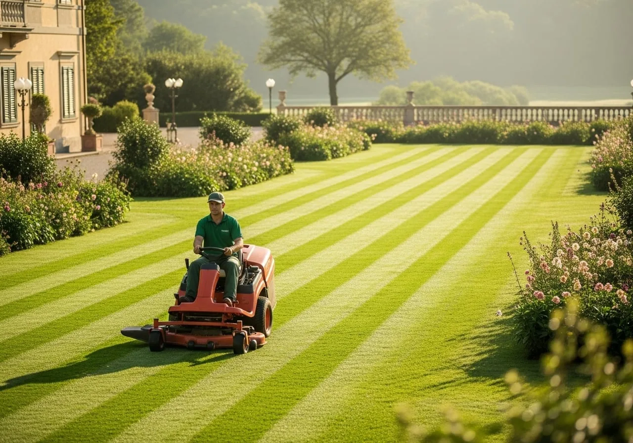 Rasatura professionale del prato con trattorino da giardino in villa italiana