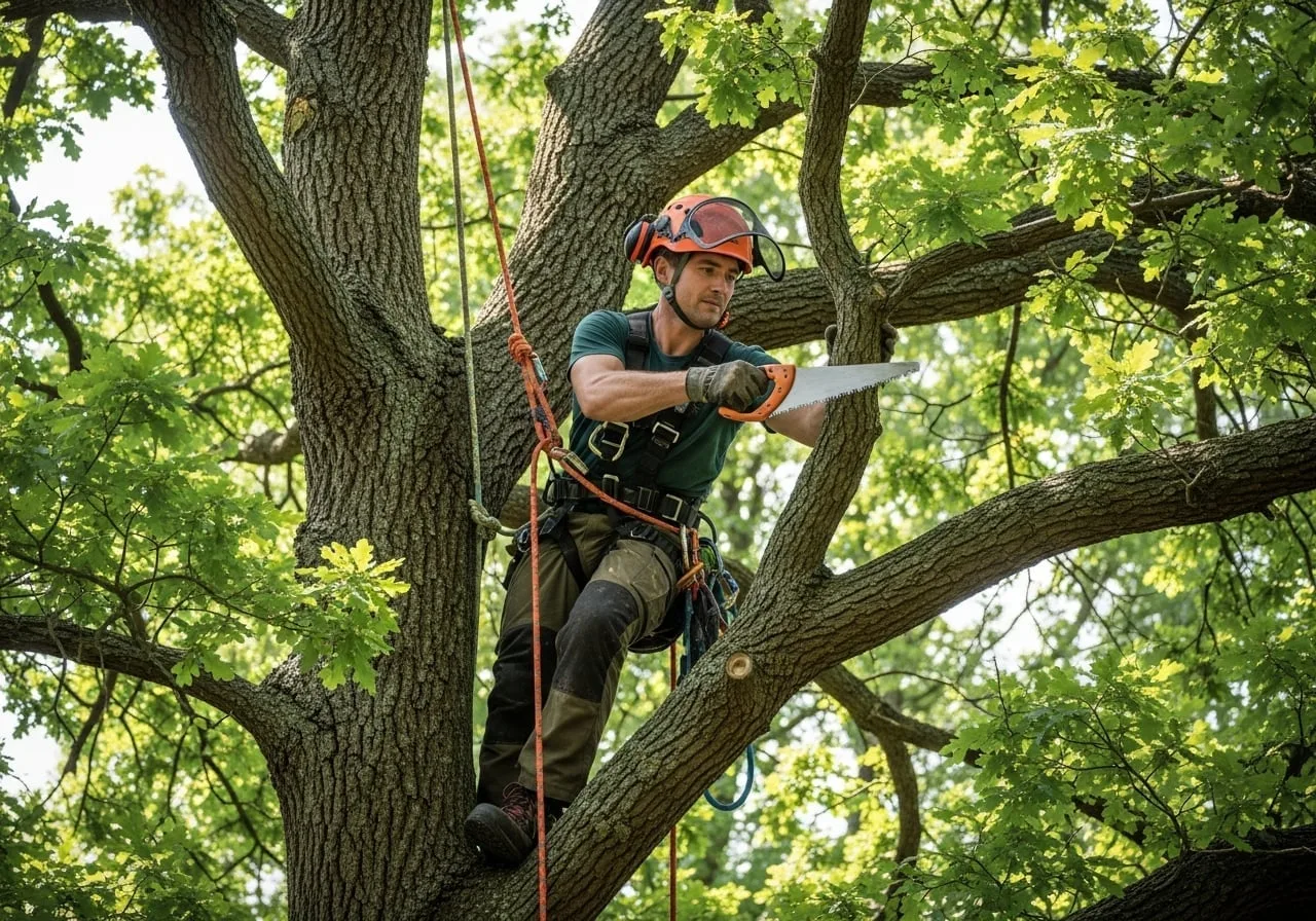 Tree climber professionista pota un albero ad alto fusto con imbragatura e motosega
