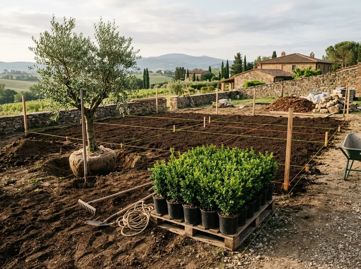 Cantiere di realizzazione giardino nuovo con preparazione terreno