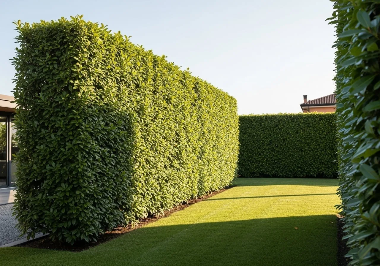 Siepe di lauroceraso perfettamente potata in giardino residenziale