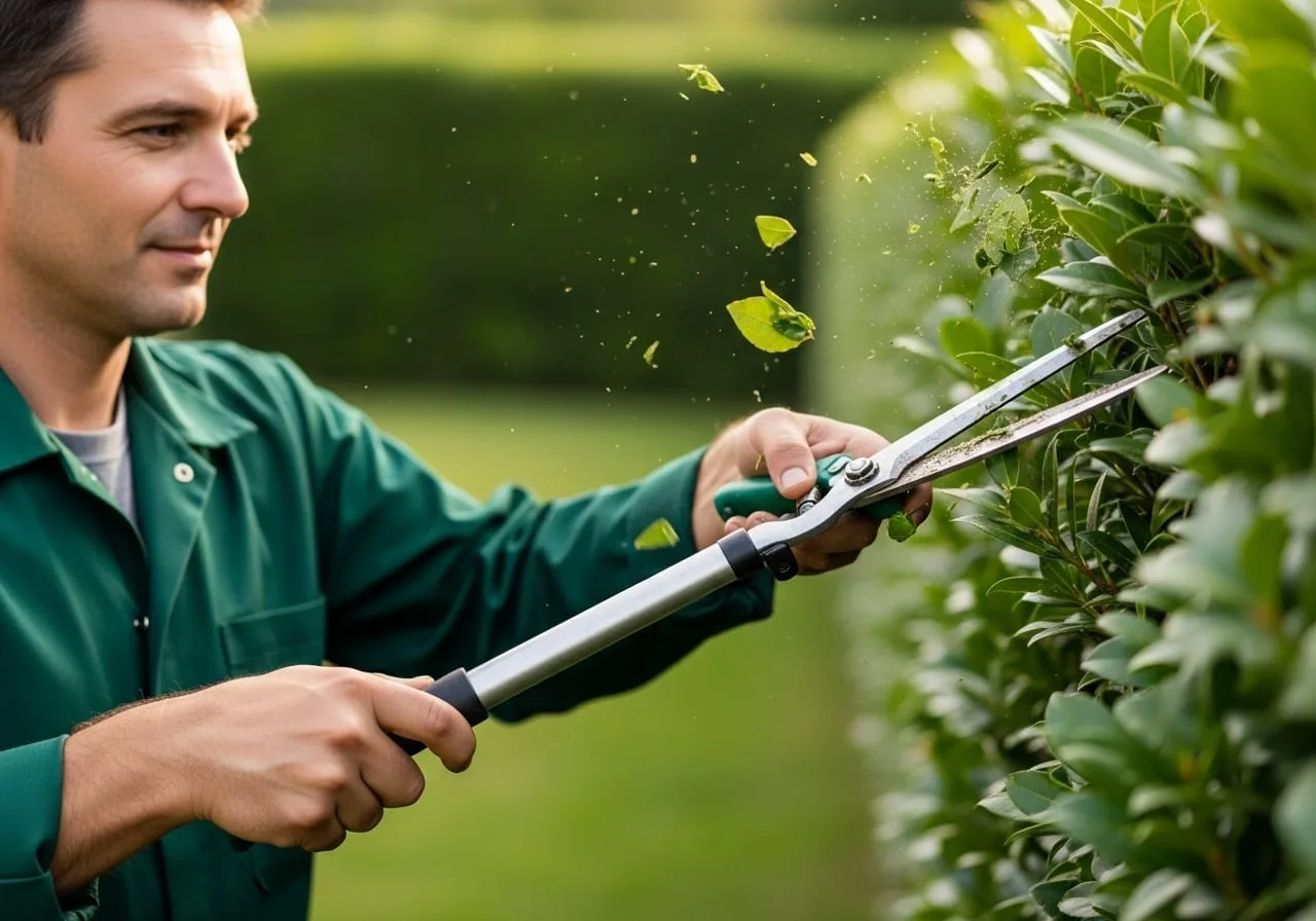 Giardiniere professionista pota con cura una siepe di lauroceraso con cesoie manuali