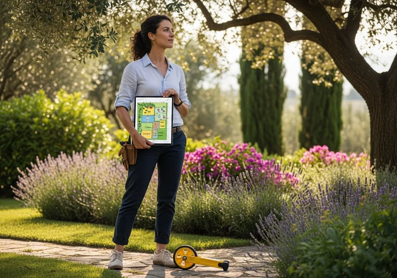 Giardiniere paesaggista con tablet esegue rilievo del giardino prima della progettazione