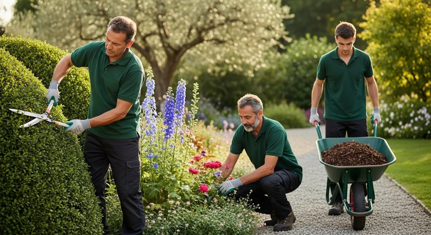 Squadra Pentagiardini di giardinieri professionisti al lavoro in giardino residenziale